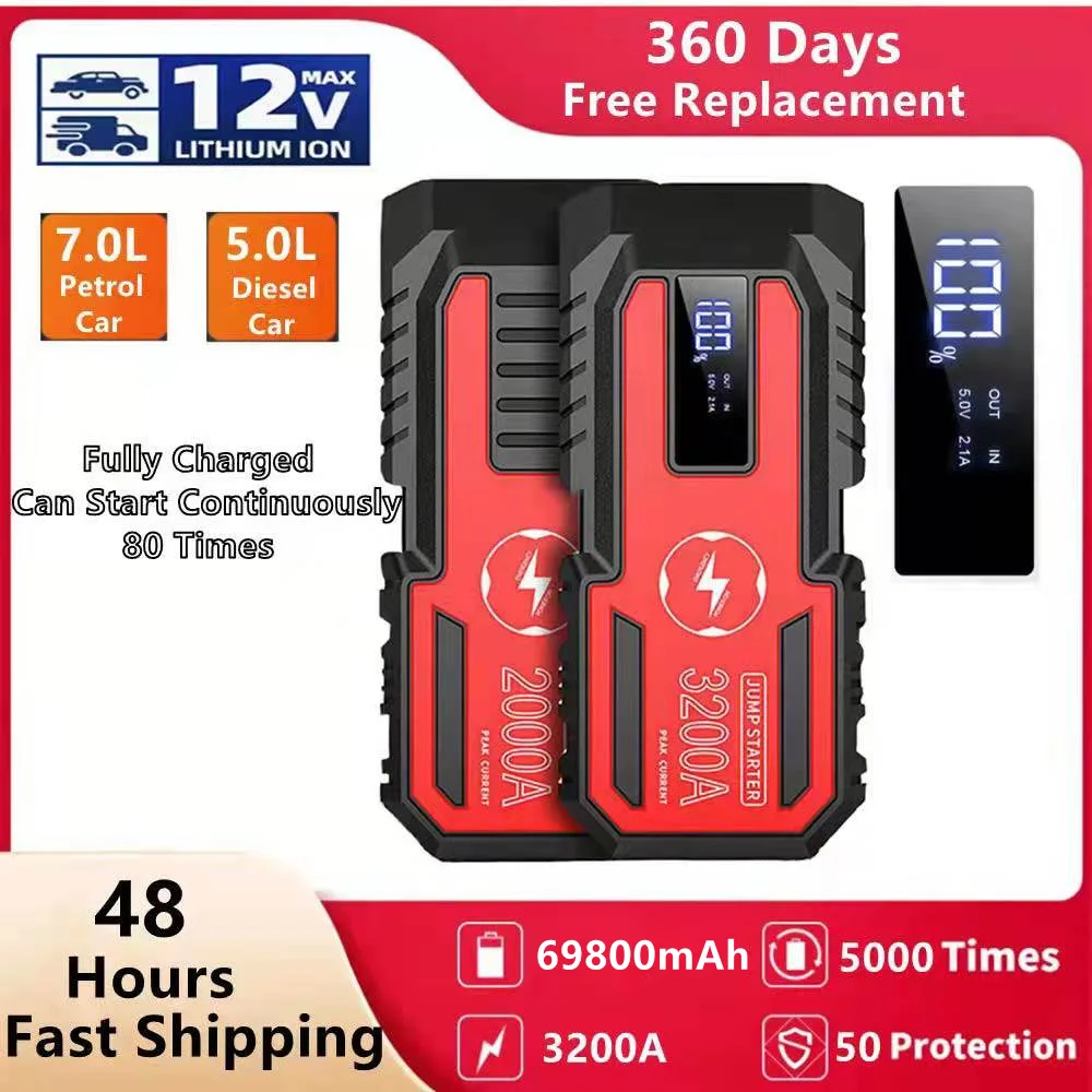 69800mAh 3200A Car Jump Starter Power Supply, Portable 12V Emergency Starter Wireless Charger Power Bank Booster Start Device
69800mAh 3200A Car Jump Starter Power Supply, Portable 12V Emergency Starter Wireless Charger Power Bank Booster Start Device