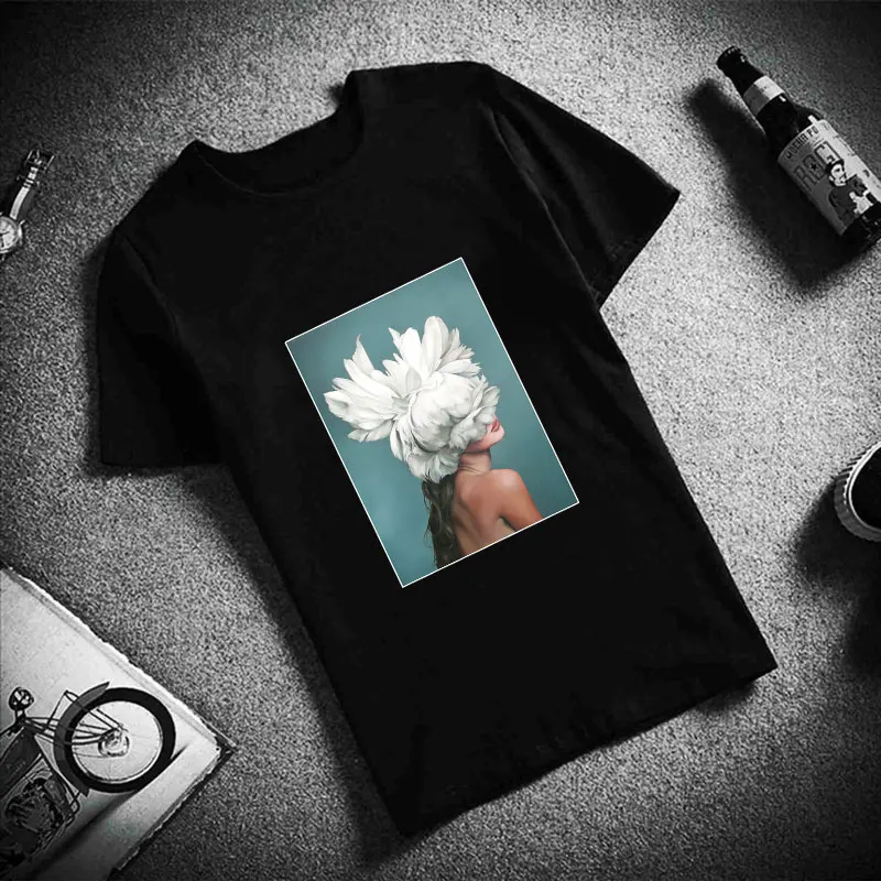Женская футболка с коротким рукавом Camisetas Verano Mujer повседневная черно белая цветочным принтом и перьями в