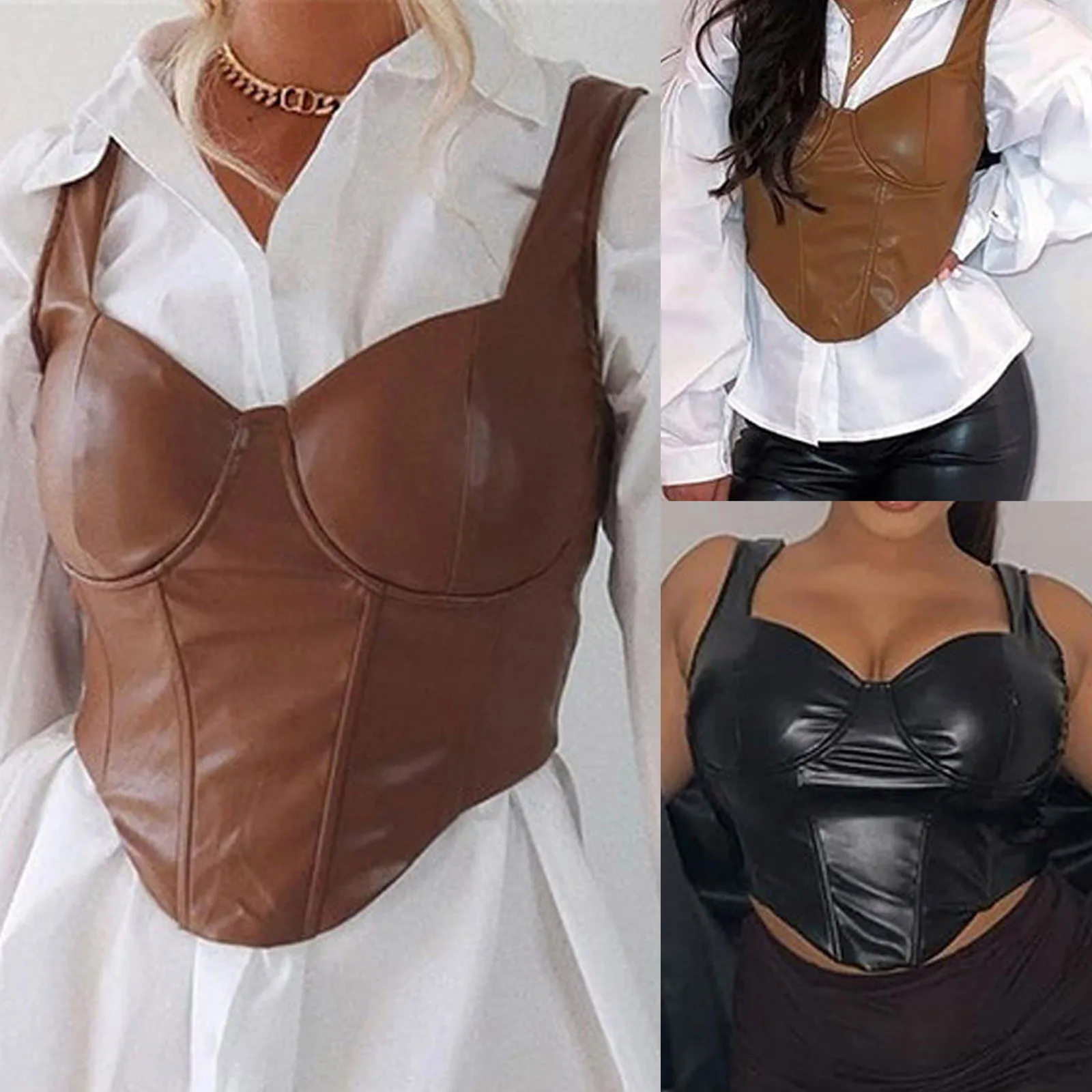 2021 Womens Corset Tops Sexy PU Leather Y2K Bustier Crop Top All-match Sleeveless Camisole Party Clubwear Short Umbilical Vest
2021 Womens Corset Tops Sexy PU Leather Y2K Bustier Crop Top All-match Sleeveless Camisole Party Clubwear Short Umbilical Vest