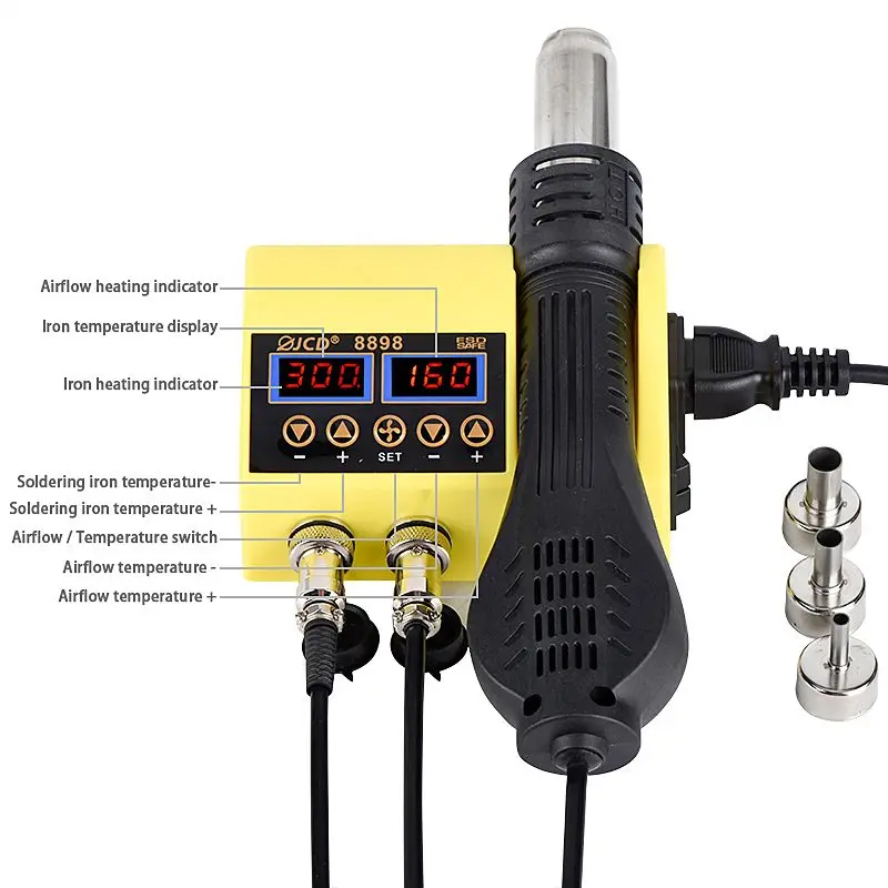 JCD 750W SMD 2 In 1 Soldering Station Led Digital Welding Rework Station For Cell-phone BGA PCB Repair Tools Solder Iron 8898
JCD 750W SMD 2 In 1 Soldering Station Led Digital Welding Rework Station For Cell-phone BGA PCB Repair Tools Solder Iron 8898