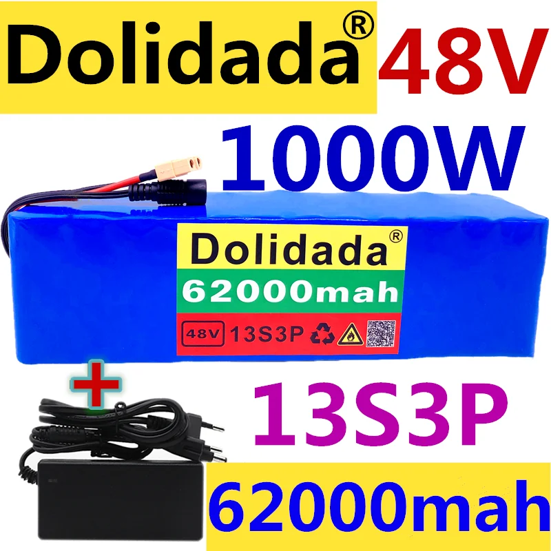 XT60 Plug 48V62Ah 1000w 13S3P 48V Lithium ion Battery Pack For 54.6v E-bike Electric bicycle Scooter with BMS+54.6V Charger
XT60 Plug 48V62Ah 1000w 13S3P 48V Lithium ion Battery Pack For 54.6v E-bike Electric bicycle Scooter with BMS+54.6V Charger