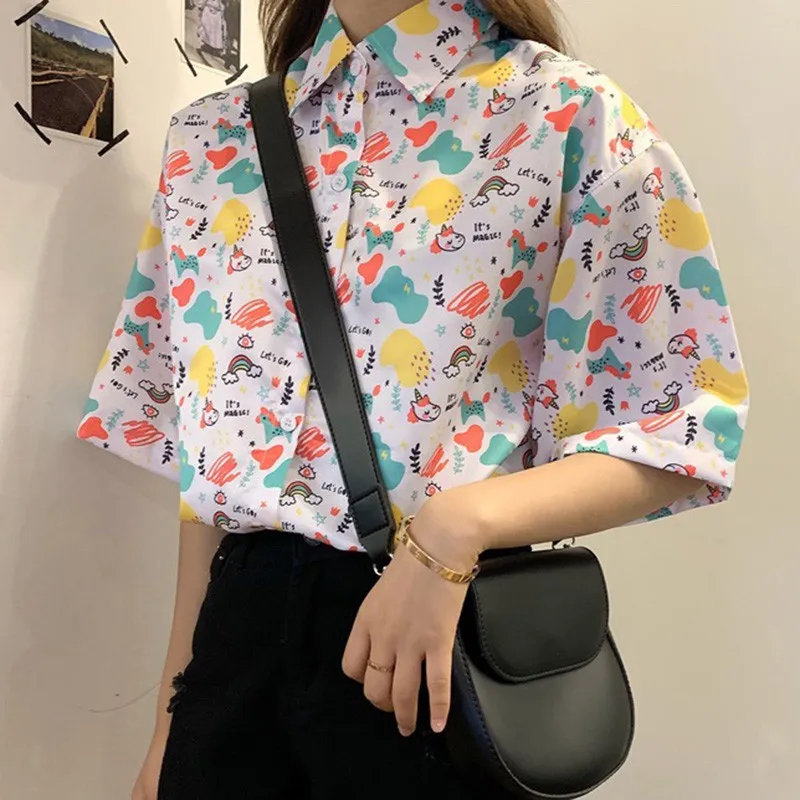 Sweet Style Cartoon Print Blouse Fashion Casual Wild Shirt Chic Trendy Lapel Short Sleeve Tops For Women New
Sweet Style Cartoon Print Blouse Fashion Casual Wild Shirt Chic Trendy Lapel Short Sleeve Tops For Women New
