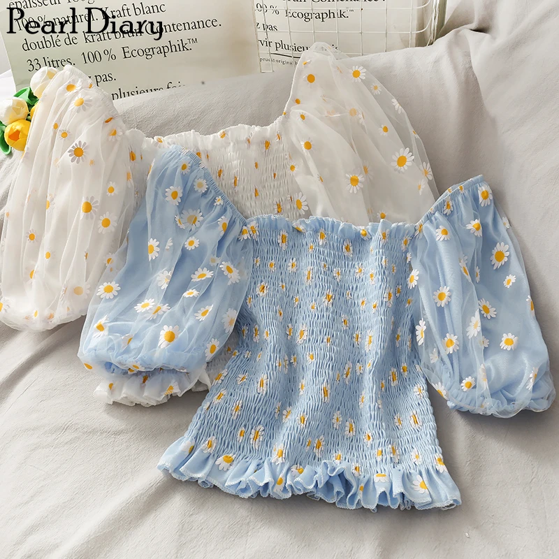 Pearl Diary Women Daisy Floral Top Puff Sleeve Mesh Blouse Smocking Short Top Summer Daisy Print Mesh Slash Neck Sweet Top
Pearl Diary Women Daisy Floral Top Puff Sleeve Mesh Blouse Smocking Short Top Summer Daisy Print Mesh Slash Neck Sweet Top