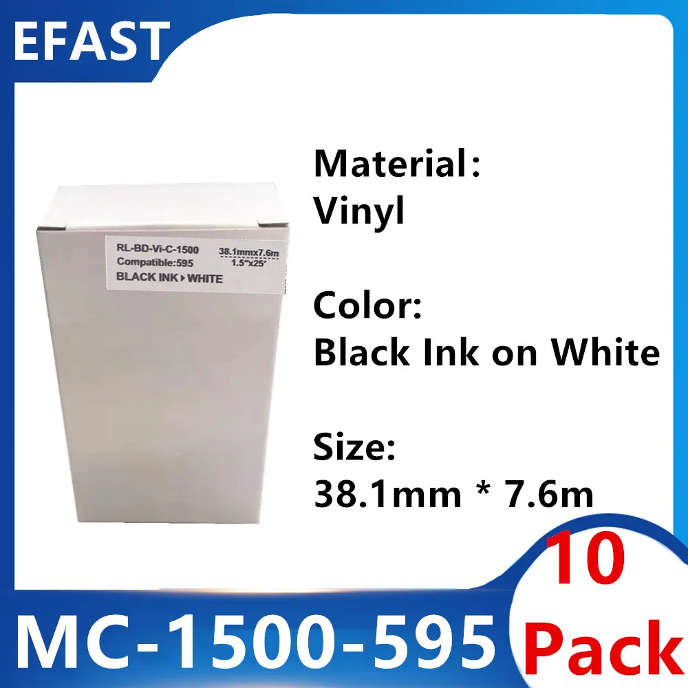 

10 Pack MC 1500 595 Vinyl Label Ribbon Black On white For BMP-41 BMP-51 BMP-53 PC Linked Printer 38.1mm * 7.6m