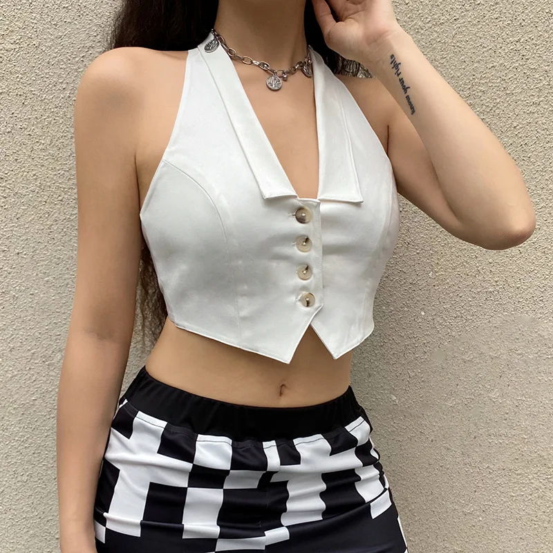 Womens Halter Crop Tank Tops Sleeveless Backless Solid Color Button Down Camisole Female Fashion Sexy Jacket Vests
Womens Halter Crop Tank Tops Sleeveless Backless Solid Color Button Down Camisole Female Fashion Sexy Jacket Vests