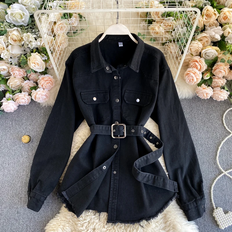 Women Classic NEW Chic Turn-down Collar Belted Denim Shirt Casual Popular Medium Long Loose Jean Top 
Women Classic NEW Chic Turn-down Collar Belted Denim Shirt Casual Popular Medium Long Loose Jean Top