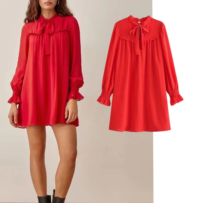 Women's dress 2021 Fashion With Bow Tied Big red Splicing shirt Mini Dress Vintage Long Sleeve Female Dresses Vestidos
Women's dress 2021 Fashion With Bow Tied Big red Splicing shirt Mini Dress Vintage Long Sleeve Female Dresses Vestidos