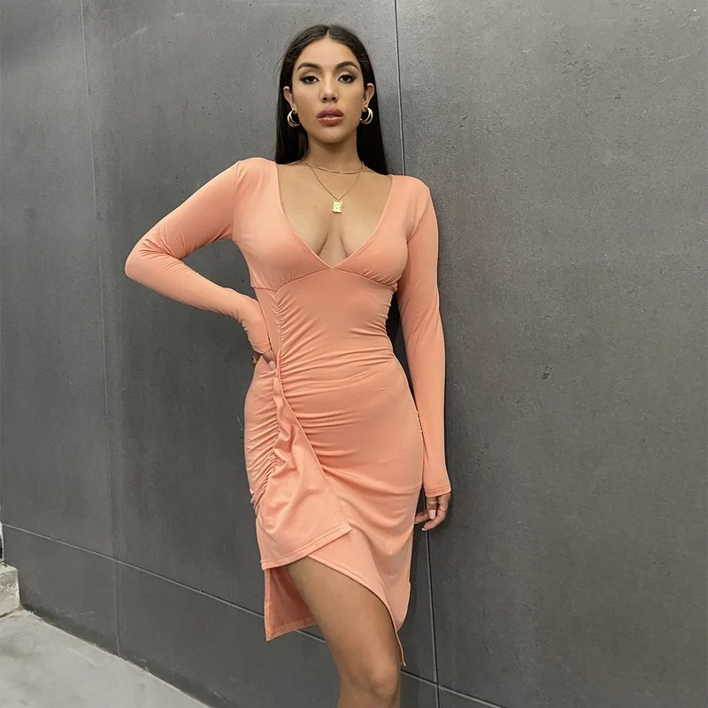 Female Bodycon Dress New Year 2022 Y2K Spring Autumn Sexy V-neck Long-sleeved Fashion Irregular Elegant Evening Dresses Women 
Female Bodycon Dress New Year 2022 Y2K Spring Autumn Sexy V-neck Long-sleeved Fashion Irregular Elegant Evening Dresses Women