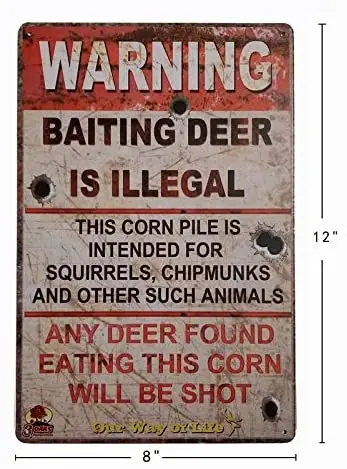 Warning Baiting Deer is Illegal Metal Tin Sign, Tin Signs Vintage Coffee Wall Coffee & Bar Decor,Size 20x30cm
Warning Baiting Deer is Illegal Metal Tin Sign, Tin Signs Vintage Coffee Wall Coffee & Bar Decor,Size 20x30cm