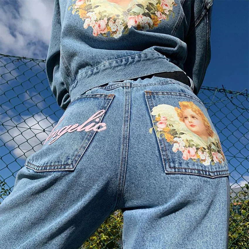 2021 Retro denim loose Casual England Style High Waist jeans y2k pants pocket Angel print baby blue high waisted pants women
2021 Retro denim loose Casual England Style High Waist jeans y2k pants pocket Angel print baby blue high waisted pants women