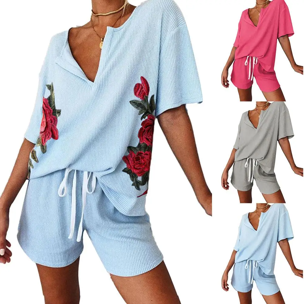 Women V Neck T-shirt Drawstring Shorts Floral Print Ribbed Sleepwear Pajamas Set одежда для женщин лето Women Pajamas Sets
Women V Neck T-shirt Drawstring Shorts Floral Print Ribbed Sleepwear Pajamas Set одежда для женщин лето Women Pajamas Sets