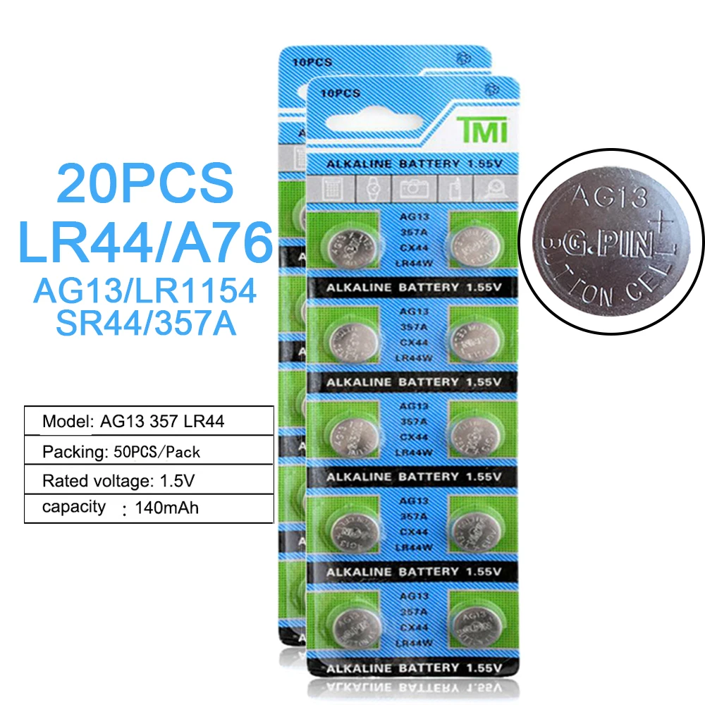 20PCS/2Pack LR44 357A A76 303 AG13 SR44SW SP76 L1154 RW82 RW42 1.5V Alkaline Battery Button Toy Watch Battery lr44 battery
20PCS/2Pack LR44 357A A76 303 AG13 SR44SW SP76 L1154 RW82 RW42 1.5V Alkaline Battery Button Toy Watch Battery lr44 battery