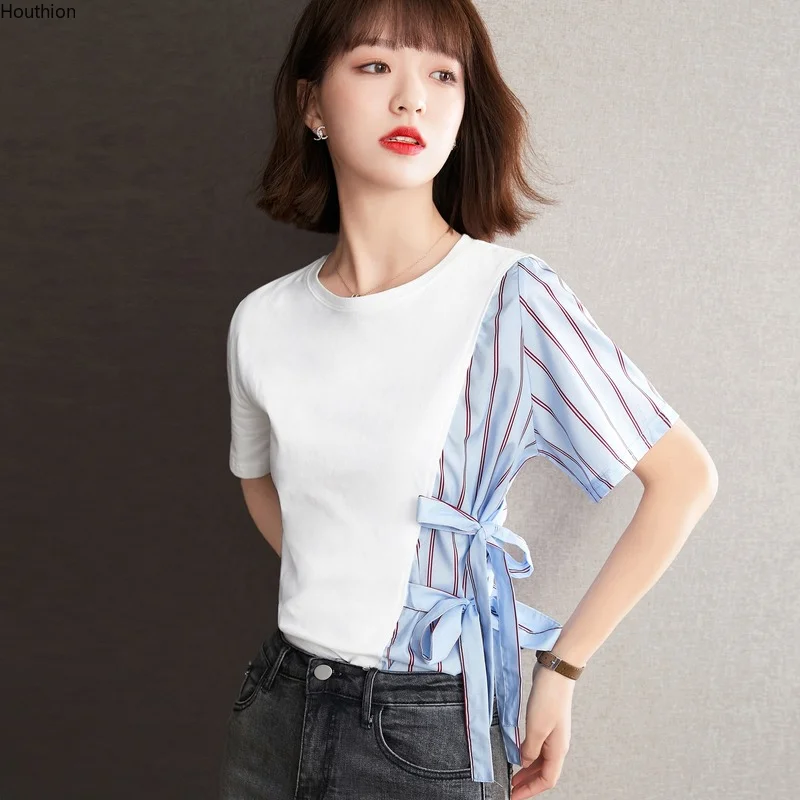Women's T-shirt Fashion Tops Casual T Shirt Splicing Tees Loose Satin O Collar Short Sleeve Korean New Summer Lady Blusas
Women's T-shirt Fashion Tops Casual T Shirt Splicing Tees Loose Satin O Collar Short Sleeve Korean New Summer Lady Blusas