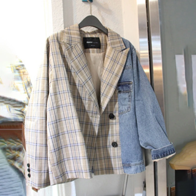 IEQJ Women Casual All-match Plaid Stitching Denim Blazer New Lapel Long Sleeve Loose Jacket Fashion Spring Autumn 2021 3F1288 
IEQJ Women Casual All-match Plaid Stitching Denim Blazer New Lapel Long Sleeve Loose Jacket Fashion Spring Autumn 2021 3F1288