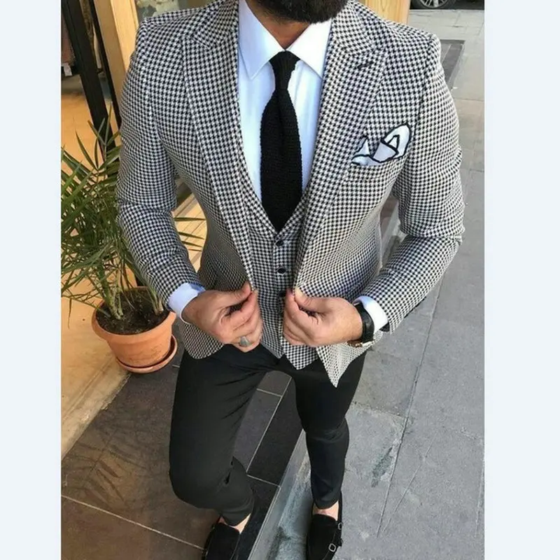 

3 Piece Houndstooth Men Suit Slim Fit For Dinner Party Prom Tailor made Suit Groom Wedding Tuxedo Best Man Jacket Pants Vest