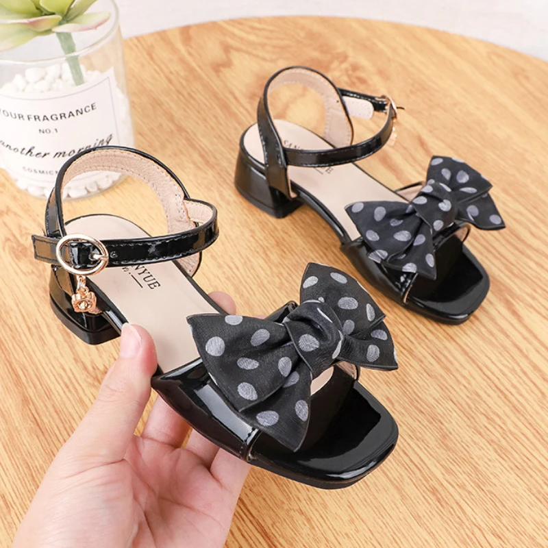 2020 summer girls sandals with straps butterfly polka dot kids bowtie chains Leather Children Princess Shoes low-heeled | Мать и ребенок