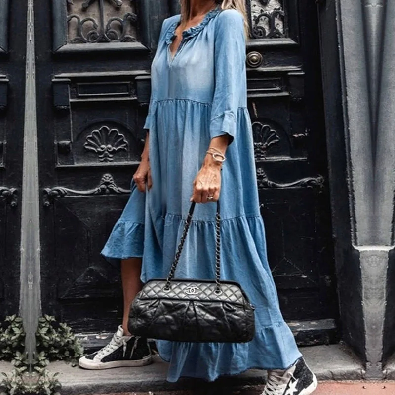 Summer Ruffles Denim Dresses Women 2021 Casual V-Neck Half Sleeve Loose Maxi Dresses Irregular Short Dress Sundress Vestidos 3XL
Summer Ruffles Denim Dresses Women 2021 Casual V-Neck Half Sleeve Loose Maxi Dresses Irregular Short Dress Sundress Vestidos 3XL
