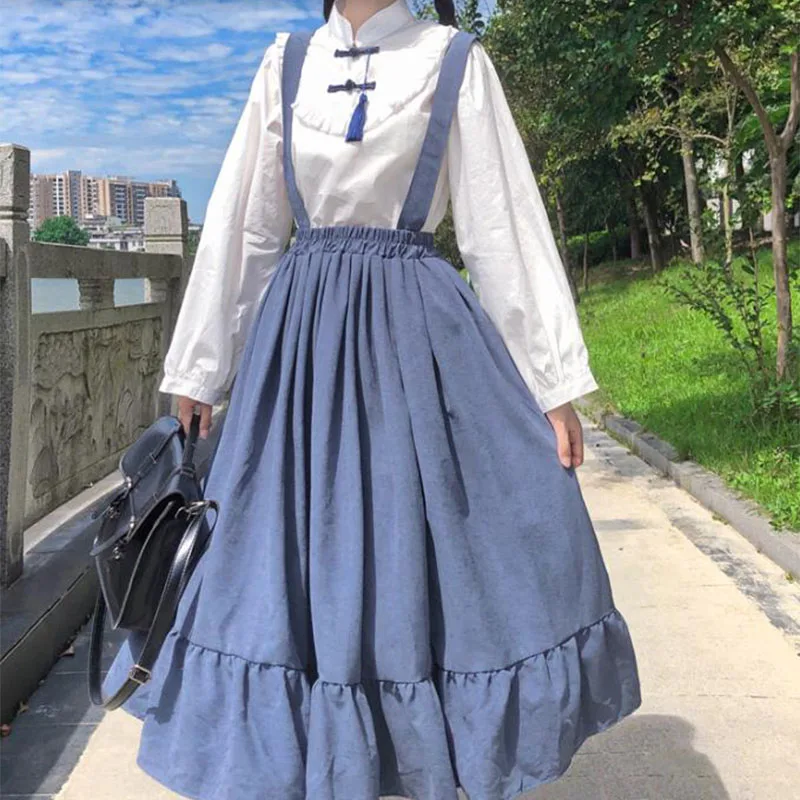 Olomlb Lolita Sweet Women Suit Japanese Harajuku Vintage Stand Collar Shirt + High Waist Loose Elastic Waist Suspender Skirt
Olomlb Lolita Sweet Women Suit Japanese Harajuku Vintage Stand Collar Shirt + High Waist Loose Elastic Waist Suspender Skirt