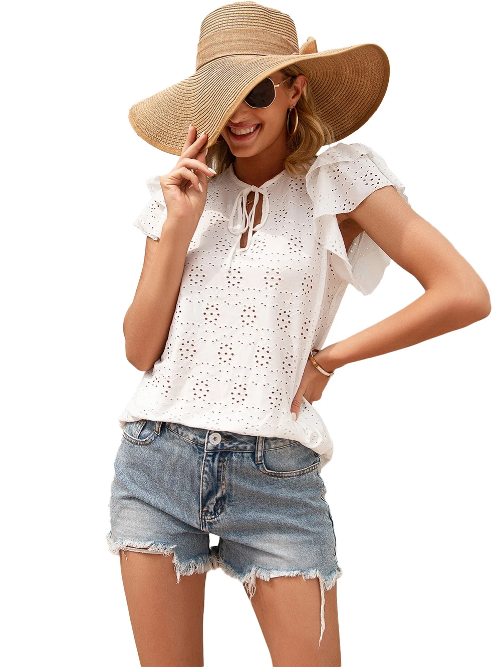 Women's T-Shirts Ruffled Sleeve Front Bow Tie Collar Elegant Blouse Hollow out Lace Pattern Shirt Summer Tops
Women's T-Shirts Ruffled Sleeve Front Bow Tie Collar Elegant Blouse Hollow out Lace Pattern Shirt Summer Tops