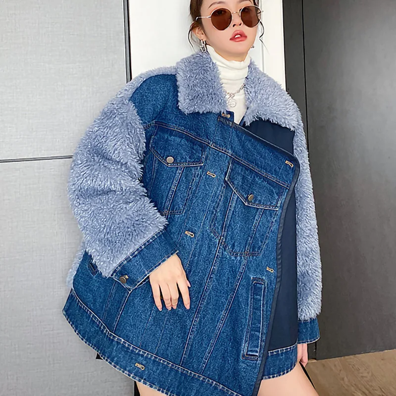 

Winter Lamb Wool Denim Stitching Jacket Women Thick Warm Jeans Coat Lrregular Vintage Fashion Overcoat Female Outwear Streetwear