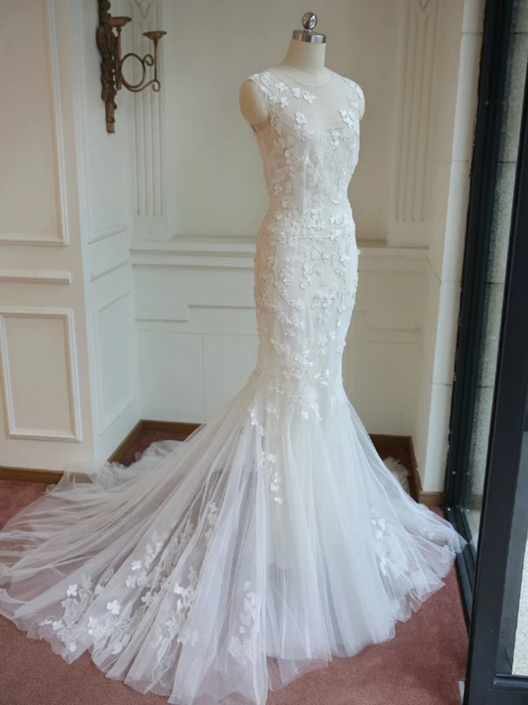 Mermaid Wedding Dresses 3D Flower Appliques Lace Tulle Sheer Neck Bridal Gowns vestido de noiva 2021 Charming Custom Size
Mermaid Wedding Dresses 3D Flower Appliques Lace Tulle Sheer Neck Bridal Gowns vestido de noiva 2021 Charming Custom Size