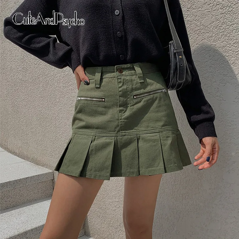 Женская джинсовая юбка с молнией, однотонная зеленая плиссированная юбка-трапеция в стиле преппи, Y2K
Женская джинсовая юбка с молнией, однотонная зеленая плиссированная юбка-трапеция в стиле преппи, Y2K