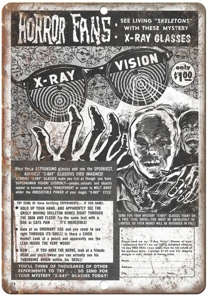 XRay Vision Glasses Horror Fans Comic Tin Sign art wall decoration,vintage aluminum retro metal sign,
XRay Vision Glasses Horror Fans Comic Tin Sign art wall decoration,vintage aluminum retro metal sign,
