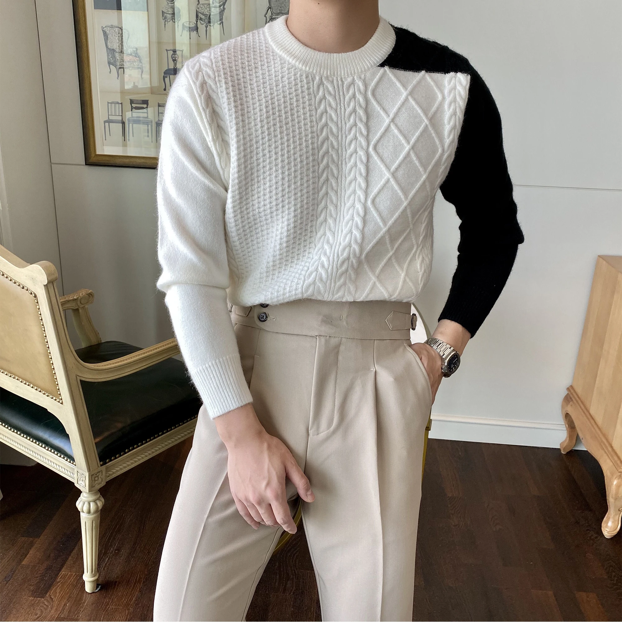 2021 Autumn Winter Long Sleeve Contrast Color Pullover Knit Sweater Mens Casual Loose Crew Neck Knitwear Sweaters Tops F530
2021 Autumn Winter Long Sleeve Contrast Color Pullover Knit Sweater Mens Casual Loose Crew Neck Knitwear Sweaters Tops F530