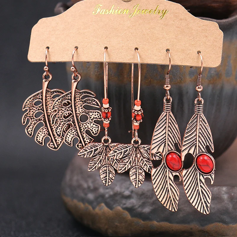 Bohemian Vintage Earrings Set For Women Ethnic Style Antique Copper Alloy Leaf Dangle Earrings Indian Jewelry 
Bohemian Vintage Earrings Set For Women Ethnic Style Antique Copper Alloy Leaf Dangle Earrings Indian Jewelry