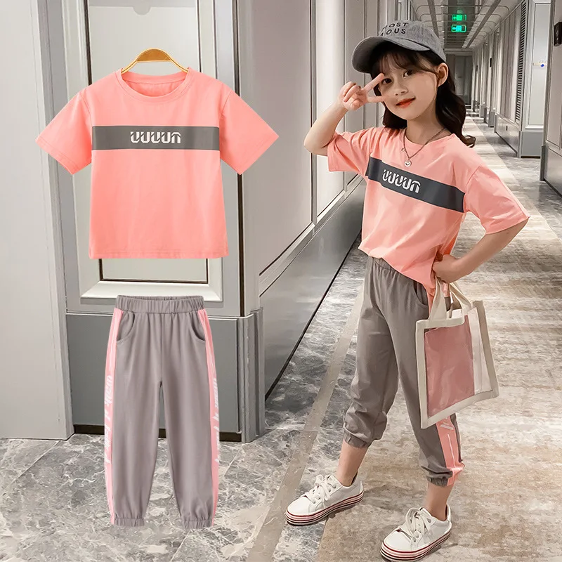 Summer Girls Clothes Set Teen Kids Clothing Sports Suit Child Letter T-shirt+Casual Pants 2pcs Tracksuit for Baby Girl 8 10 Year | Детская