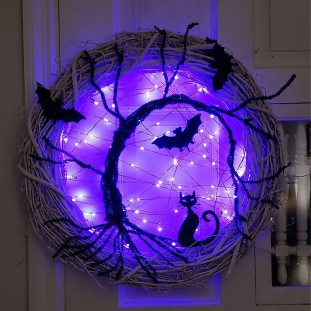 Halloween Wreath Light up Accessorie Ornaments Black Bat Cat Spooky Party Wreath with Light Glowing Garland for Front Door Wall
Halloween Wreath Light up Accessorie Ornaments Black Bat Cat Spooky Party Wreath with Light Glowing Garland for Front Door Wall