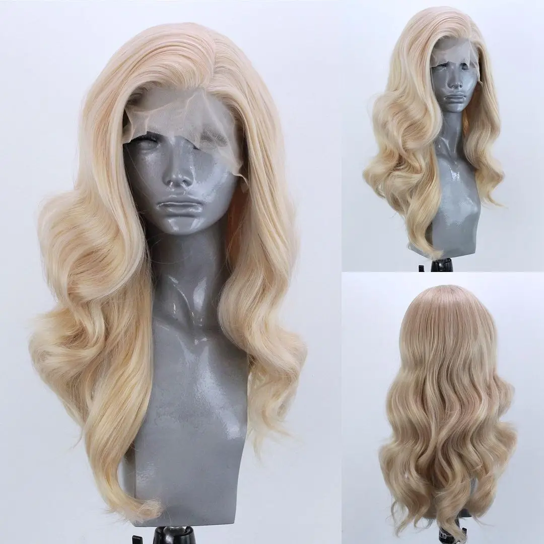 Glueless Synthetic Lace Front Wig T Part Gloden Blonde Long Wavy Side Wigs Hair for Women | Шиньоны и парики