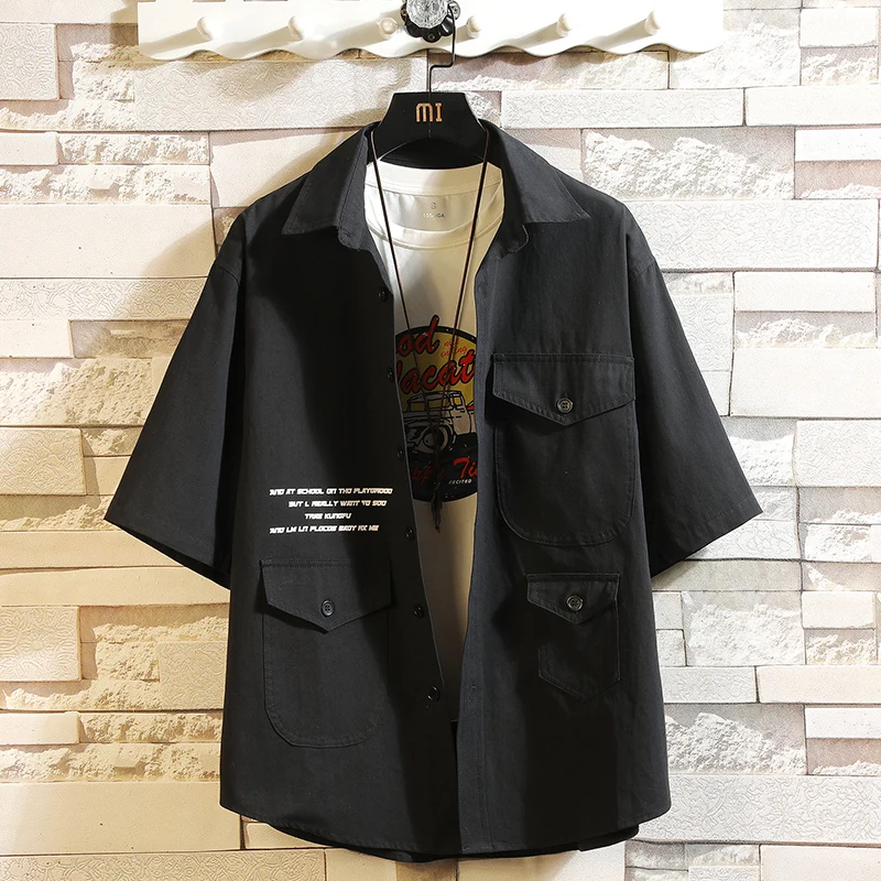 Fashion Korea Design Cargo Short Sleeve Casual Black White Shirts Men's Blouse 2021 Summer Clothing OverSize Bigger Pocket 
Fashion Korea Design Cargo Short Sleeve Casual Black White Shirts Men's Blouse 2021 Summer Clothing OverSize Bigger Pocket