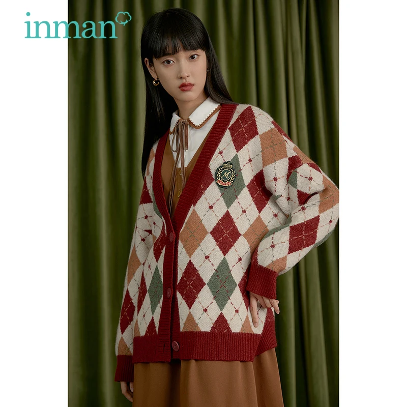 INMAN Women's Knitted Cardigan Autumn Winter Vintage Casual Fashion Color Contrast V-Neck Retro Diamond Plaid Loose Sweater
INMAN Women's Knitted Cardigan Autumn Winter Vintage Casual Fashion Color Contrast V-Neck Retro Diamond Plaid Loose Sweater