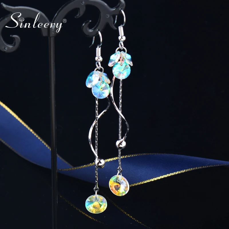 

SINLEERY Gorgeous Crystal Earrings Yellow Gold Silver Color Cubic Zirconia Long Earrings For Women wedding accessories ES881 SSB