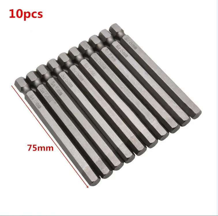 10 шт. магнитная шестигранная отвертка 6 мм S2 Сталь 1/4 дюймовые шестигранные винт набор драйверов 75 мм