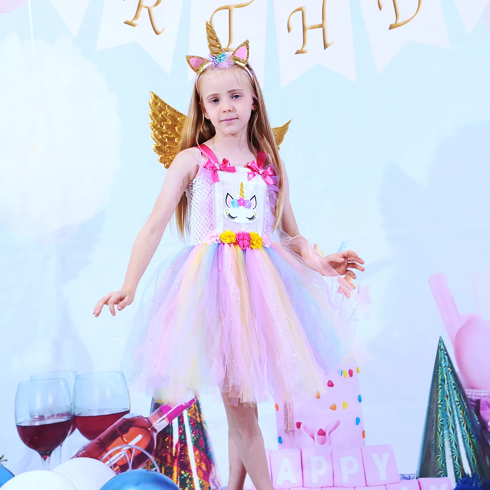 

Sparkly Rainbow Girls Unicorn Party Dresses Spring Pastel Princess Easter Costume Tutu Dress Flower Girl Ball Gown Baby Birthday