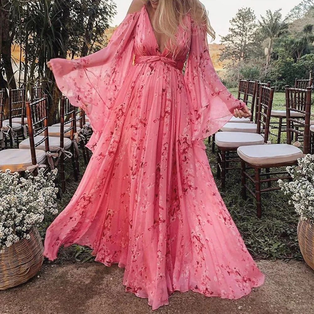Boho Women Sexy Deep-V Dress Floral Print Pink Pullover Long Sleeve Strapless Western Fashion Sweet Young Girl Holiday Beach New
Boho Women Sexy Deep-V Dress Floral Print Pink Pullover Long Sleeve Strapless Western Fashion Sweet Young Girl Holiday Beach New