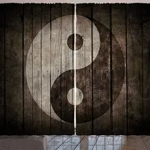 Ying Yang Window Curtains Rustic Wood with Ying Yang Sign Art Grunge Design Peace Balance Yoga Nature Living Room Bedroom Decor