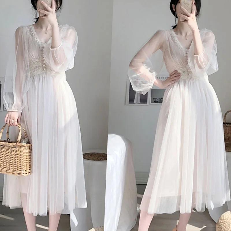 Women Button A-Line Dress Puff Sleeve Lace Voile Mesh Vestidos Cottagecore Dress Summer Apricot Dresses Vintage Woman Clothes
Women Button A-Line Dress Puff Sleeve Lace Voile Mesh Vestidos Cottagecore Dress Summer Apricot Dresses Vintage Woman Clothes