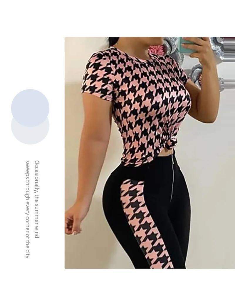 Casual 2 Pieces Set Women Houndstooth Short Sleeve Top and High Waist Pants Sport Jogging Tracksuit Sets Sweatwear 2020
Casual 2 Pieces Set Women Houndstooth Short Sleeve Top and High Waist Pants Sport Jogging Tracksuit Sets Sweatwear 2020