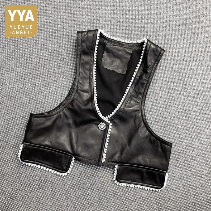 

2022 New Women Deep V Neck Short Vest Tops Sleeveless Sheepskin Genuine Leather Vests Vintage Crystal Button Pearls Waistcoat