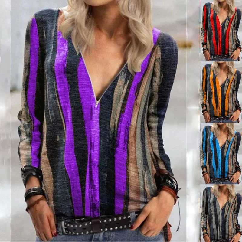 Vintage Stripe Print Zipper V Neck T Shirts Women Casual Loose Long Sleeve Pullovers Tops Autumn Streetwear Trendy Tee
Vintage Stripe Print Zipper V Neck T Shirts Women Casual Loose Long Sleeve Pullovers Tops Autumn Streetwear Trendy Tee