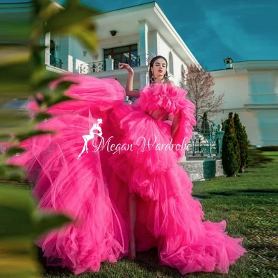 

Dremlike Lush Extra Puffy Hot Pink High Low Tulle Prom Gowns Pretty Off Shoulder Ruffles Tiered Long Women Party Dresses Vestito