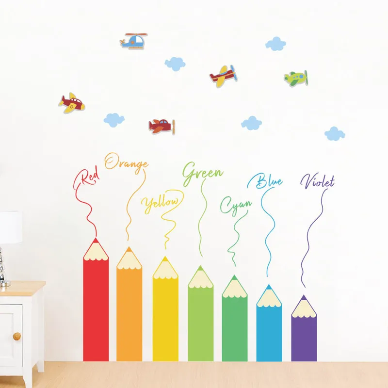 

cartoon colored pencil wall stickers for kids rooms home decor pvc waist line self-adhesive decals diy corner line stickers