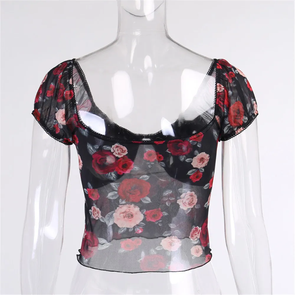 Women Floral Printed Ruffle Short Sleeve T-Shirt Puff Sleeve O-Neck See Through Mesh Crop Top Tee
Women Floral Printed Ruffle Short Sleeve T-Shirt Puff Sleeve O-Neck See Through Mesh Crop Top Tee