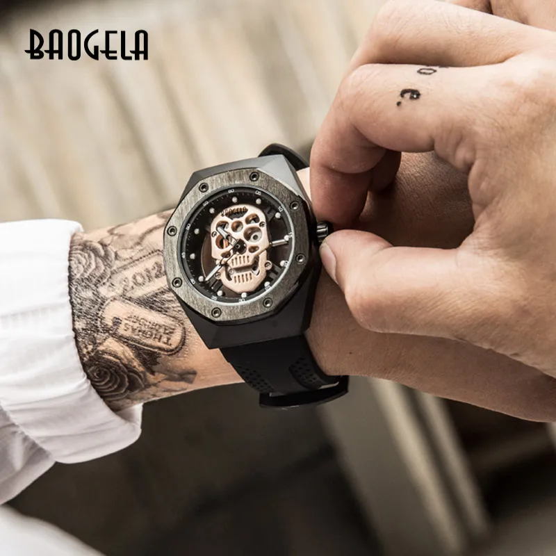 Мужские часы скелетоны BAOGELA роскошные брендовые водонепроницаемые наручные с