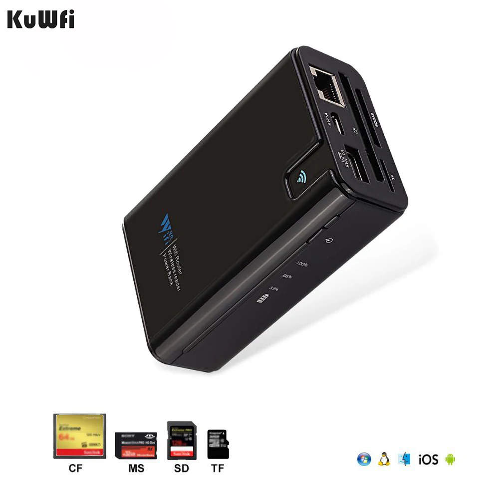 KuWFi Wireless Data share Power bank Travel Router , Wireless SD Card Reader Connect Portable SSD Hard Drive to iPhone iPad
KuWFi Wireless Data share Power bank Travel Router , Wireless SD Card Reader Connect Portable SSD Hard Drive to iPhone iPad