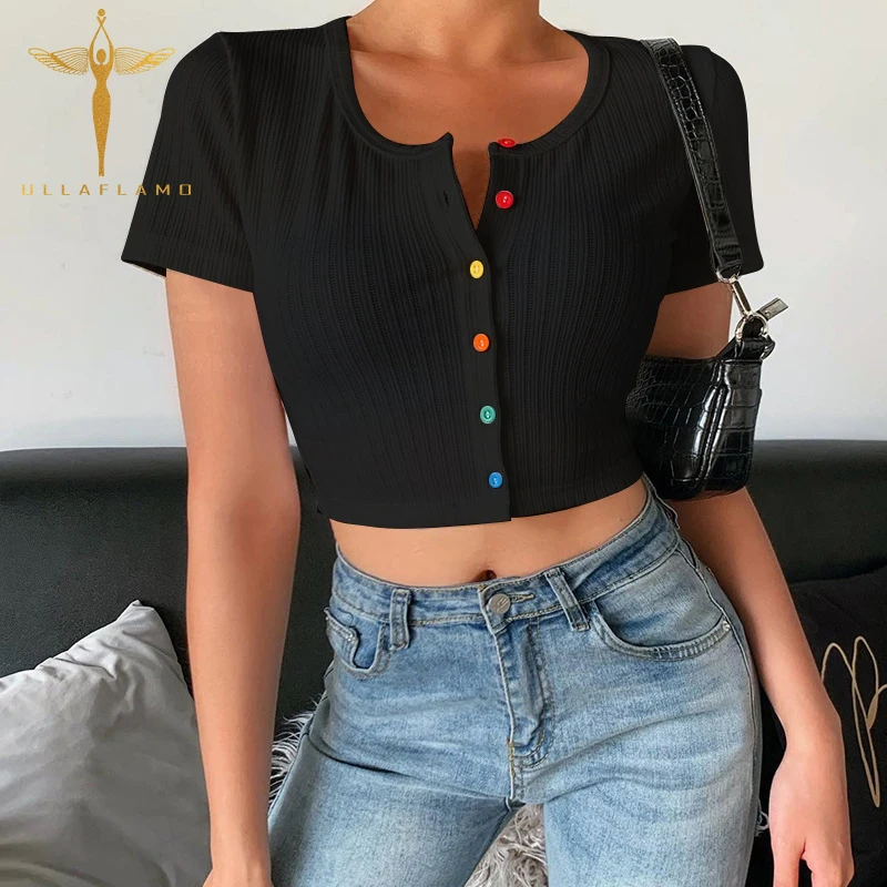 Short Sleeve Tshirt Simple Women's T-Shirt o Collar Ribbd Kintted Crop Tops Colored Button Slim T-Shirts Harajuku Female Tees
Short Sleeve Tshirt Simple Women's T-Shirt o Collar Ribbd Kintted Crop Tops Colored Button Slim T-Shirts Harajuku Female Tees