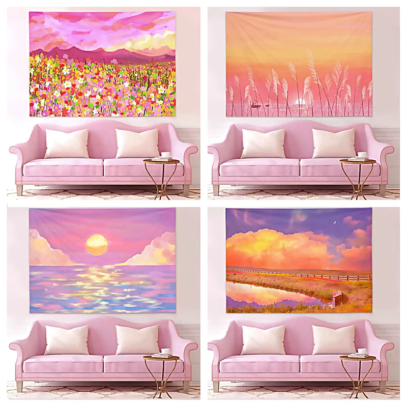 

Cloud Flower Pink Background Tapestry Children's Room Bedside Layout Decorative Wall Home Psychedelic Kawaii Room Macrame Decor